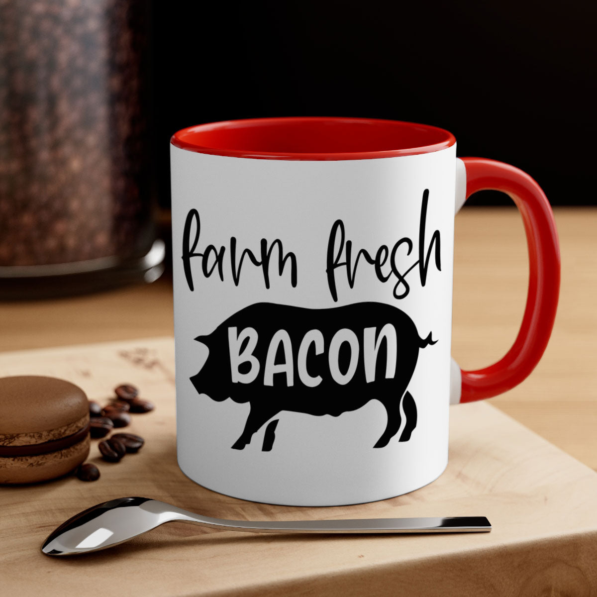 Farm fresh bacon 107# kitchen mug with a glossy finish and colored handle, available in multiple colors and sizes.
