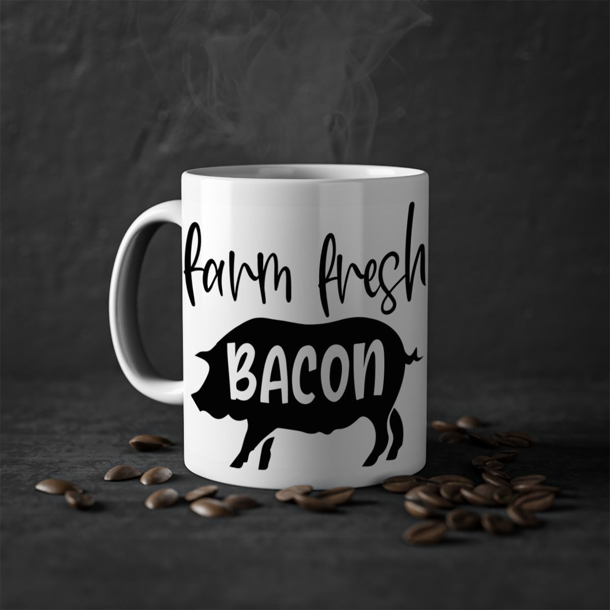 Farm fresh bacon 107# kitchen mug with a glossy finish and colored handle, available in multiple colors and sizes.
