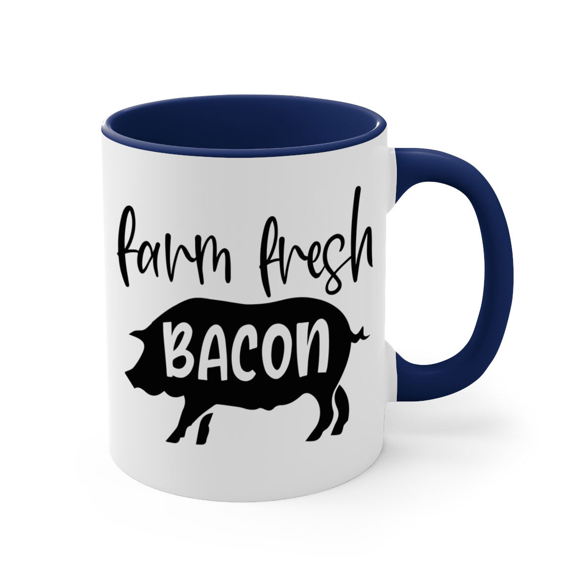 Farm fresh bacon 107# kitchen mug with a glossy finish and colored handle, available in multiple colors and sizes.