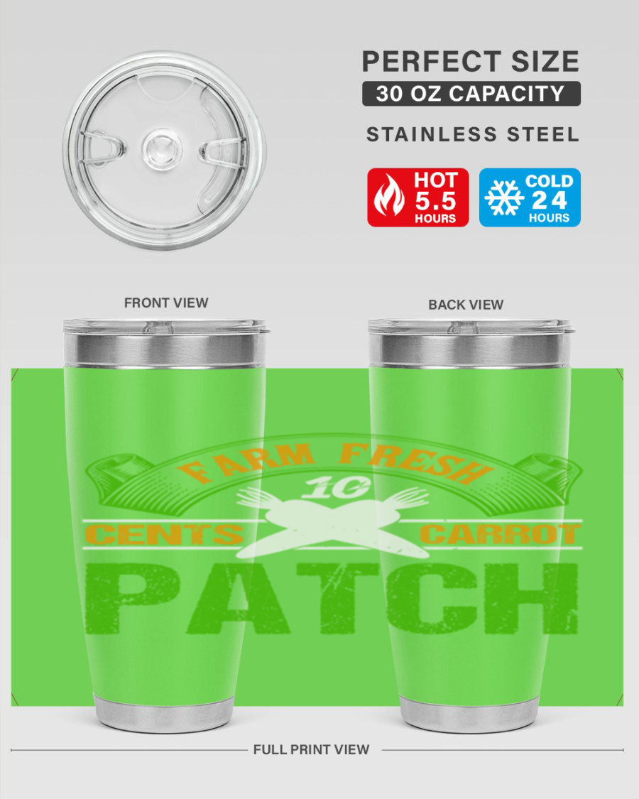 Farm Fresh cents carrot patch tumbler in vibrant design, showcasing double wall vacuum stainless steel construction.