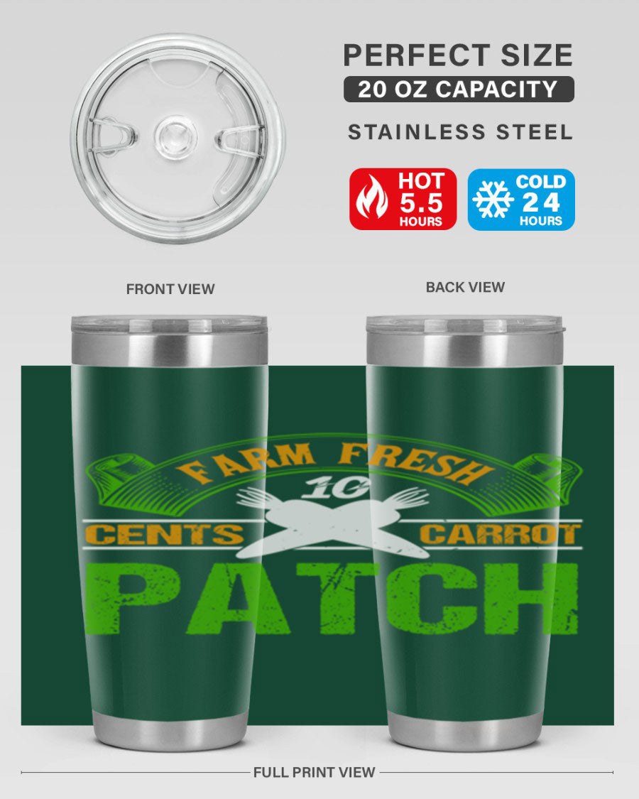 Farm Fresh cents carrot patch tumbler in vibrant design, showcasing double wall vacuum stainless steel construction.