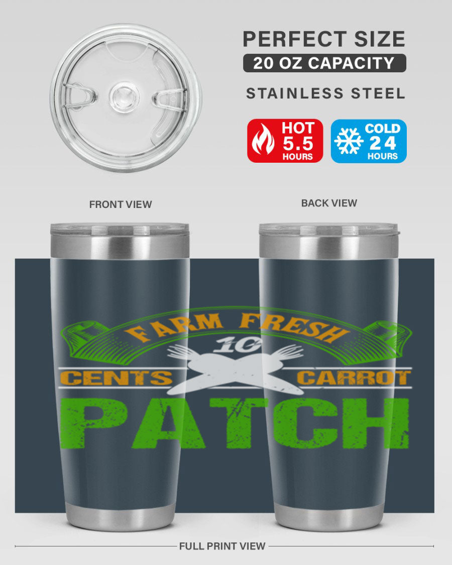 Farm Fresh cents carrot patch tumbler in vibrant design, showcasing double wall vacuum stainless steel construction.