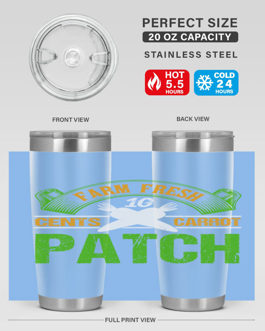Farm Fresh cents carrot patch tumbler in vibrant design, showcasing double wall vacuum stainless steel construction.