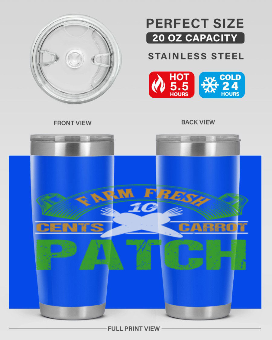 Farm Fresh cents carrot patch tumbler in vibrant design, showcasing double wall vacuum stainless steel construction.