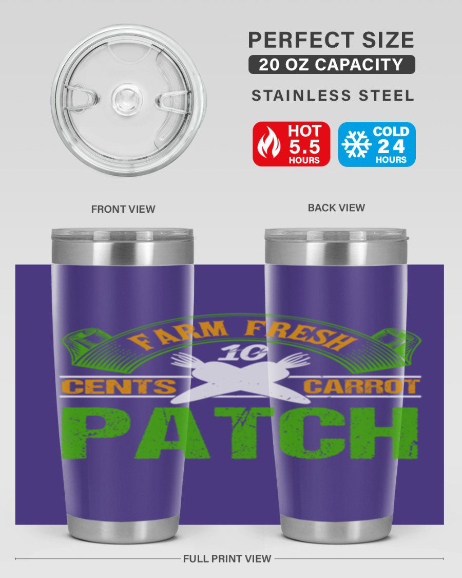 Farm Fresh cents carrot patch tumbler in vibrant design, showcasing double wall vacuum stainless steel construction.