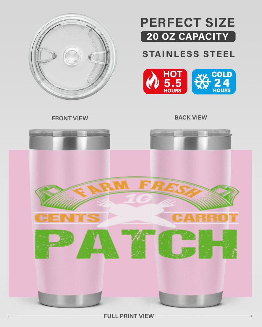 Farm Fresh cents carrot patch tumbler in vibrant design, showcasing double wall vacuum stainless steel construction.