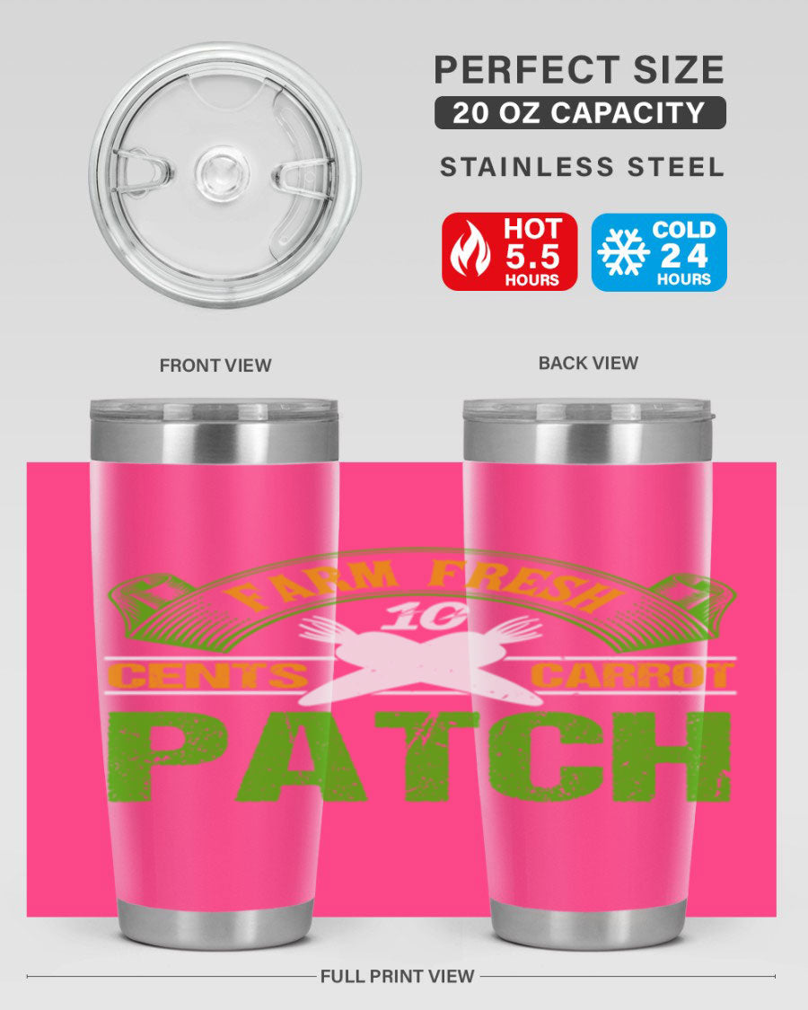 Farm Fresh cents carrot patch tumbler in vibrant design, showcasing double wall vacuum stainless steel construction.