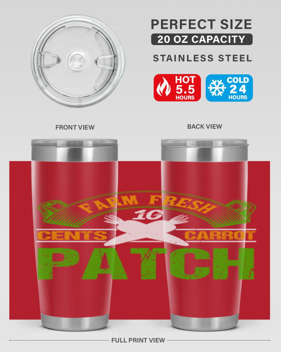 Farm Fresh cents carrot patch tumbler in vibrant design, showcasing double wall vacuum stainless steel construction.