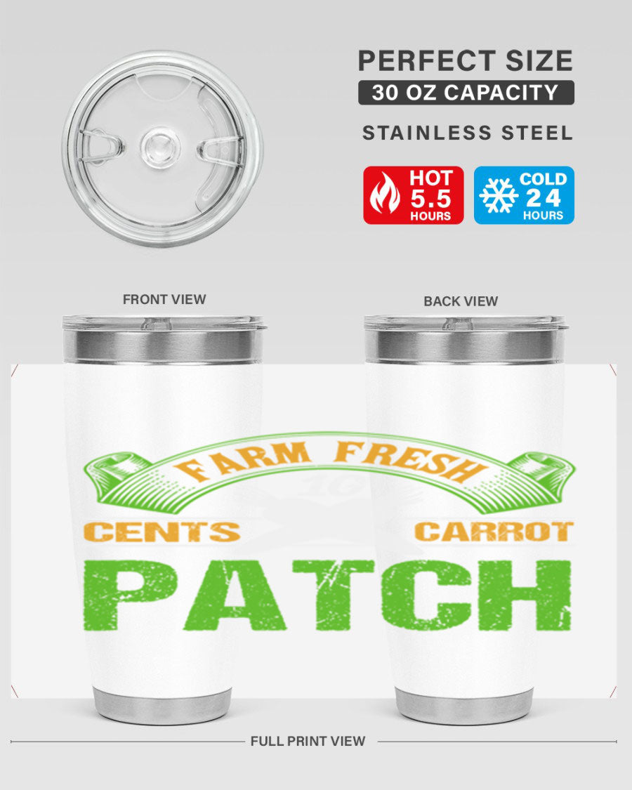 Farm Fresh cents carrot patch tumbler in vibrant design, showcasing double wall vacuum stainless steel construction.