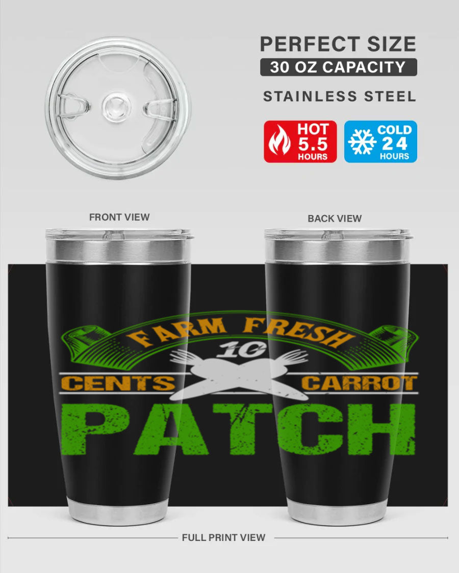 Farm Fresh cents carrot patch tumbler in vibrant design, showcasing double wall vacuum stainless steel construction.