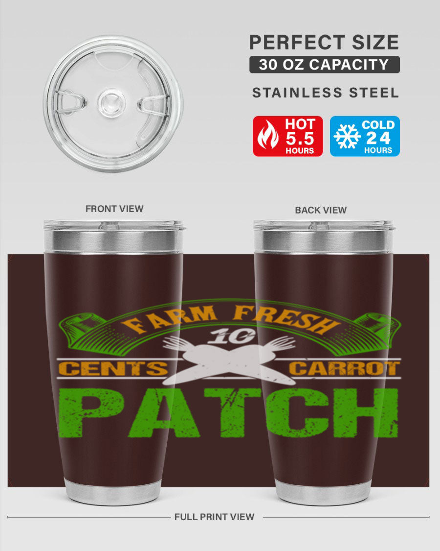 Farm Fresh cents carrot patch tumbler in vibrant design, showcasing double wall vacuum stainless steel construction.
