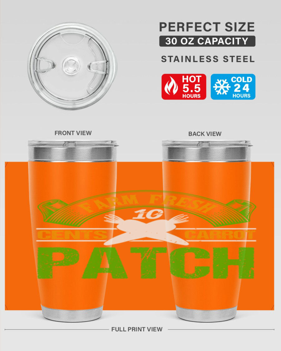Farm Fresh cents carrot patch tumbler in vibrant design, showcasing double wall vacuum stainless steel construction.