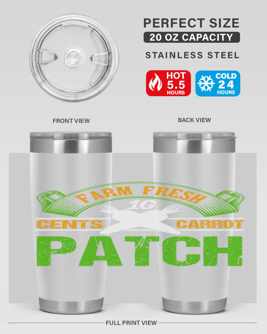 Farm Fresh cents carrot patch tumbler in vibrant design, showcasing double wall vacuum stainless steel construction.