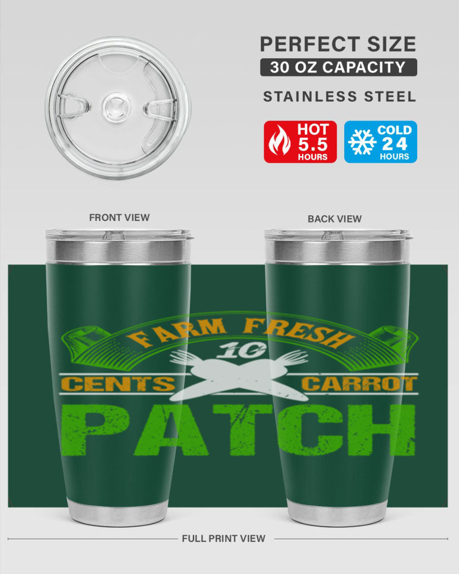 Farm Fresh cents carrot patch tumbler in vibrant design, showcasing double wall vacuum stainless steel construction.