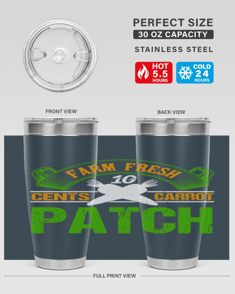 Farm Fresh cents carrot patch tumbler in vibrant design, showcasing double wall vacuum stainless steel construction.