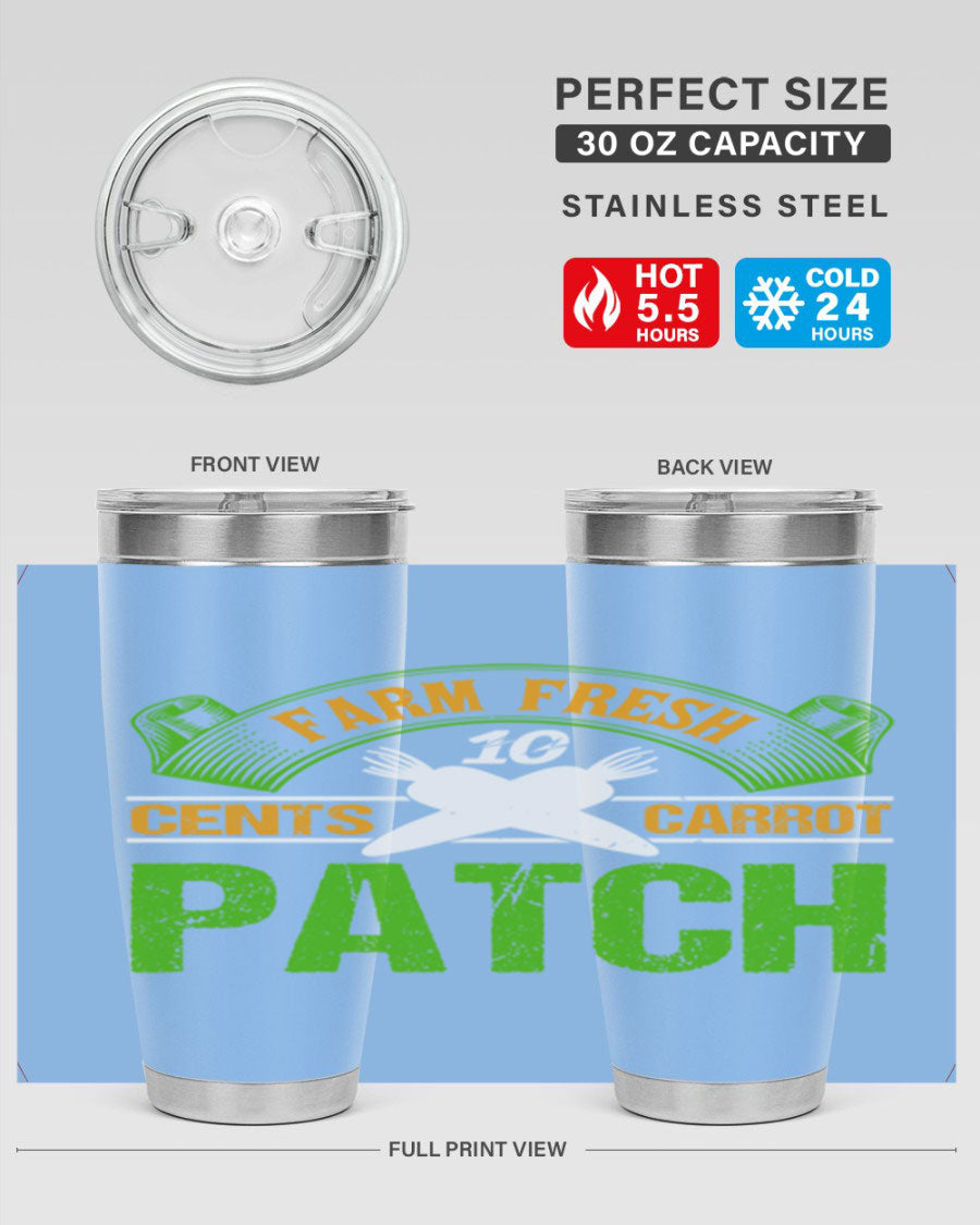 Farm Fresh cents carrot patch tumbler in vibrant design, showcasing double wall vacuum stainless steel construction.