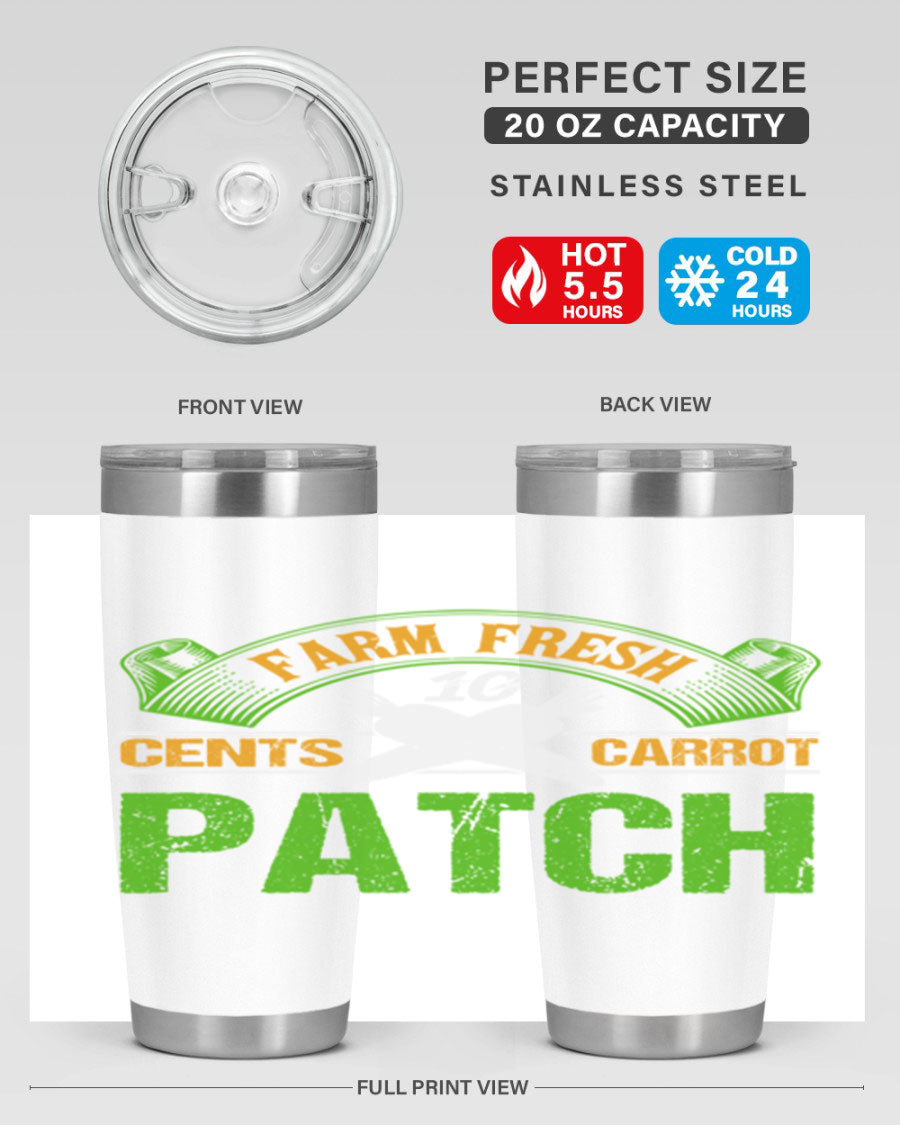 Farm Fresh cents carrot patch tumbler in vibrant design, showcasing double wall vacuum stainless steel construction.