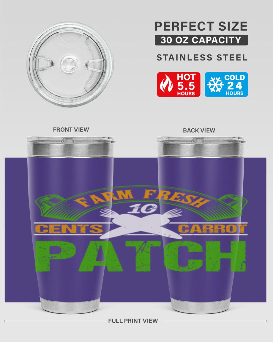 Farm Fresh cents carrot patch tumbler in vibrant design, showcasing double wall vacuum stainless steel construction.