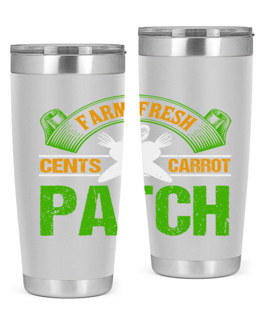 Farm Fresh cents carrot patch tumbler in vibrant design, showcasing double wall vacuum stainless steel construction.