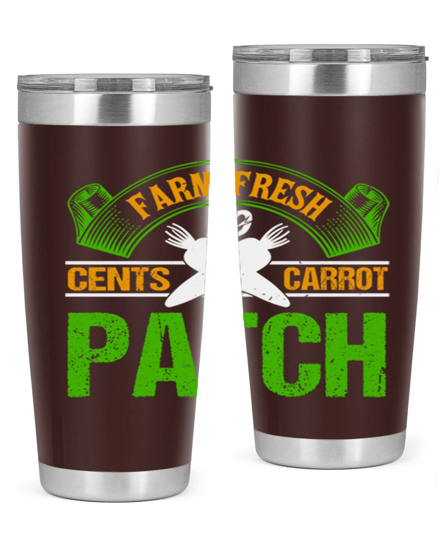 Farm Fresh cents carrot patch tumbler in vibrant design, showcasing double wall vacuum stainless steel construction.