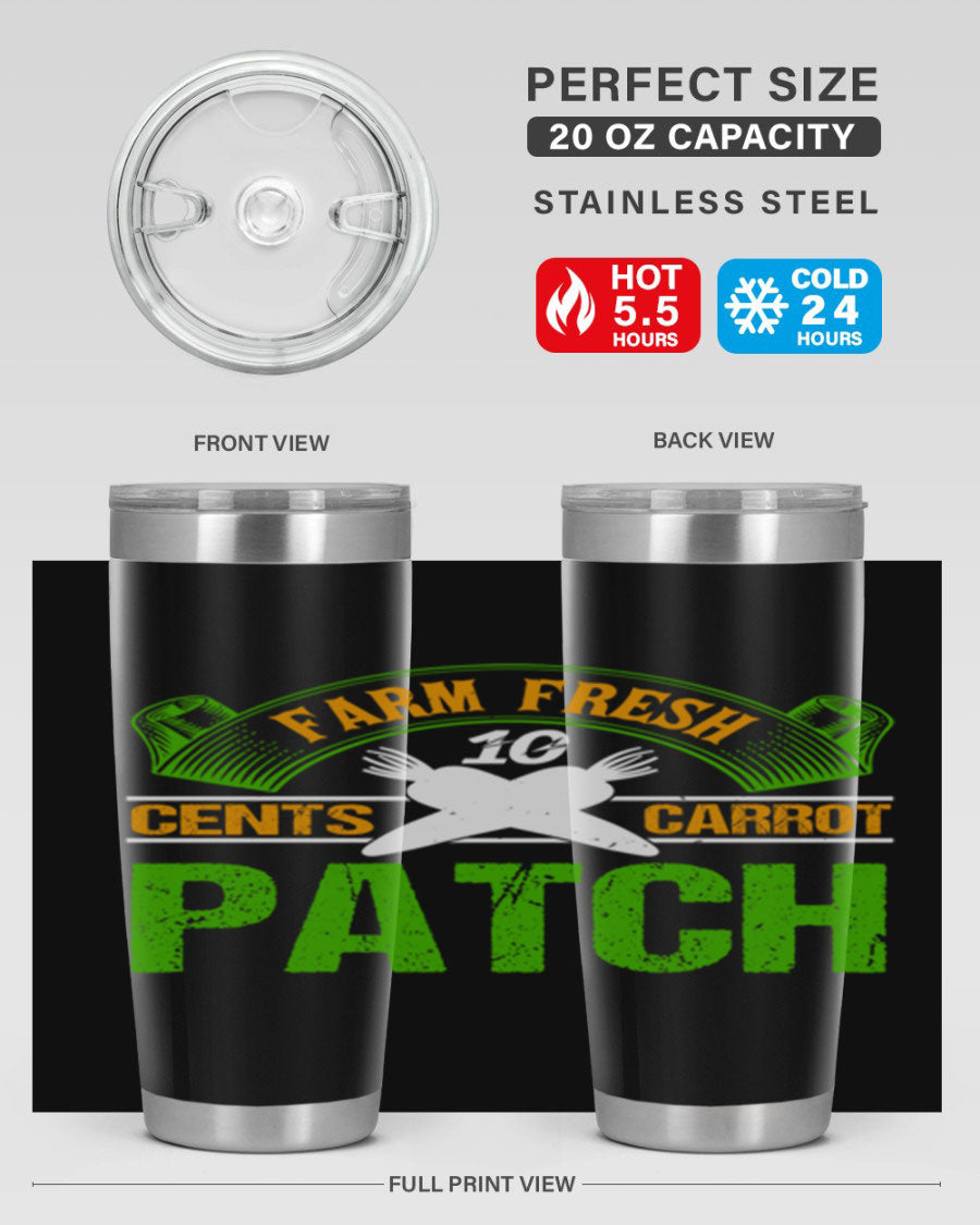 Farm Fresh cents carrot patch tumbler in vibrant design, showcasing double wall vacuum stainless steel construction.
