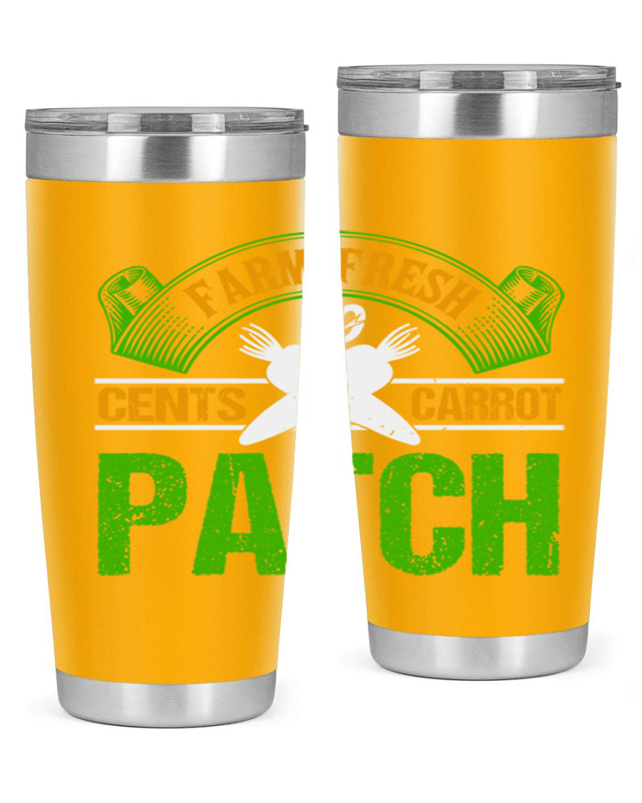 Farm Fresh cents carrot patch tumbler in vibrant design, showcasing double wall vacuum stainless steel construction.