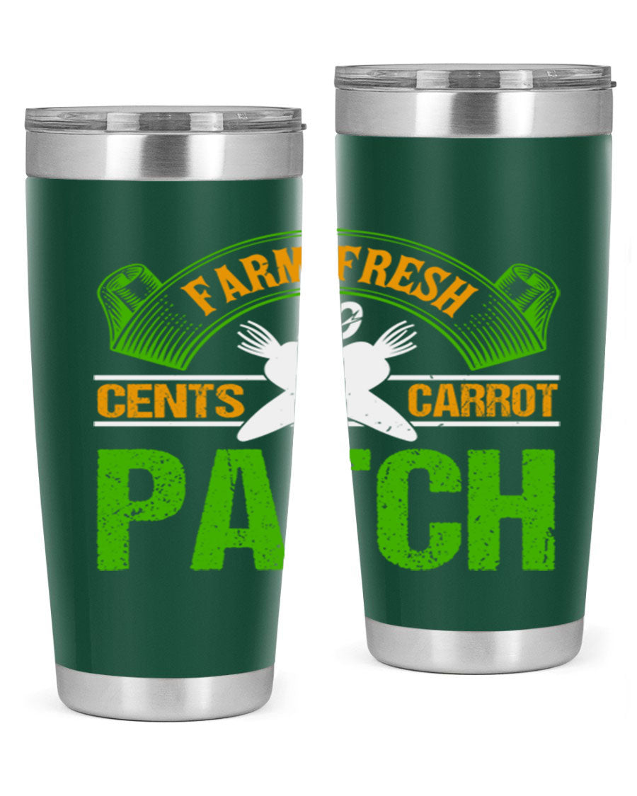 Farm Fresh cents carrot patch tumbler in vibrant design, showcasing double wall vacuum stainless steel construction.