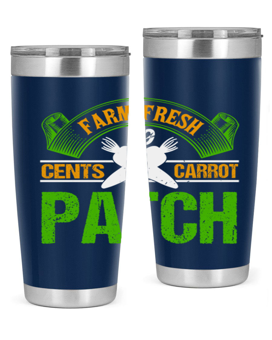 Farm Fresh cents carrot patch tumbler in vibrant design, showcasing double wall vacuum stainless steel construction.