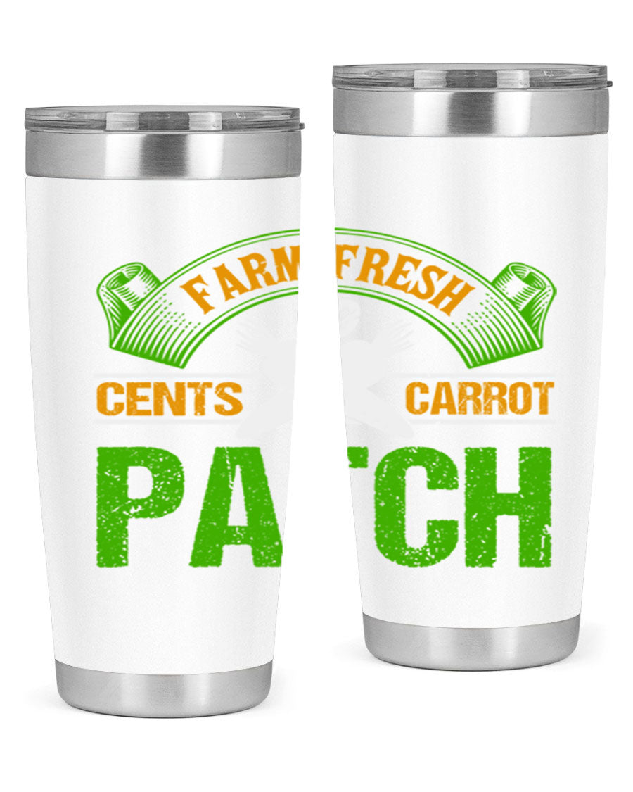 Farm Fresh cents carrot patch tumbler in vibrant design, showcasing double wall vacuum stainless steel construction.