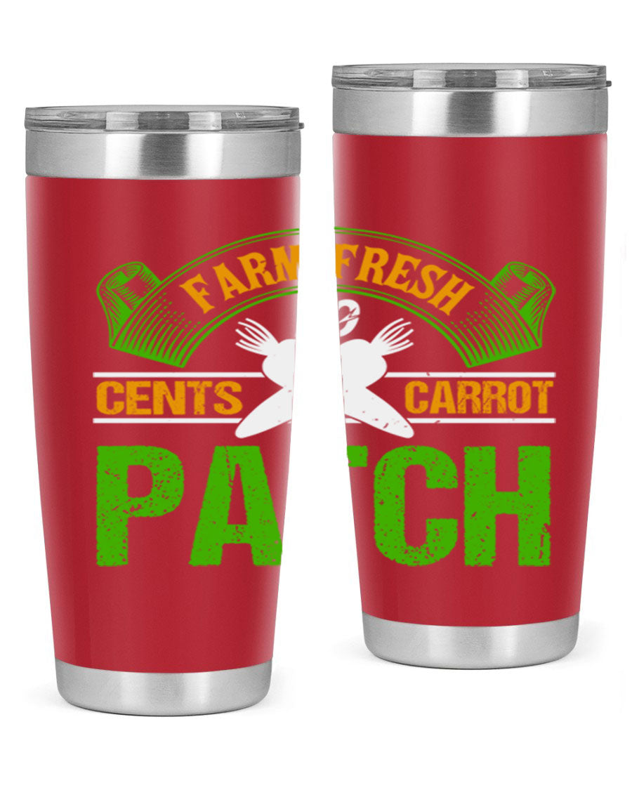 Farm Fresh cents carrot patch tumbler in vibrant design, showcasing double wall vacuum stainless steel construction.