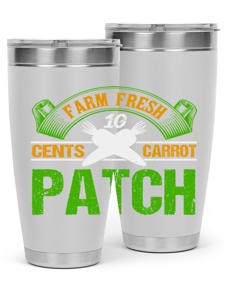 Farm Fresh cents carrot patch tumbler in vibrant design, showcasing double wall vacuum stainless steel construction.