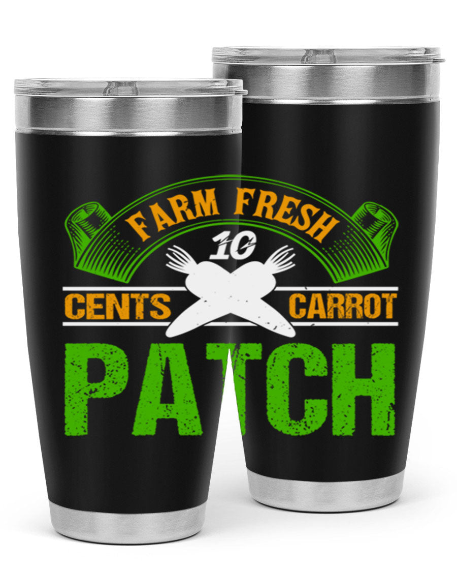Farm Fresh cents carrot patch tumbler in vibrant design, showcasing double wall vacuum stainless steel construction.