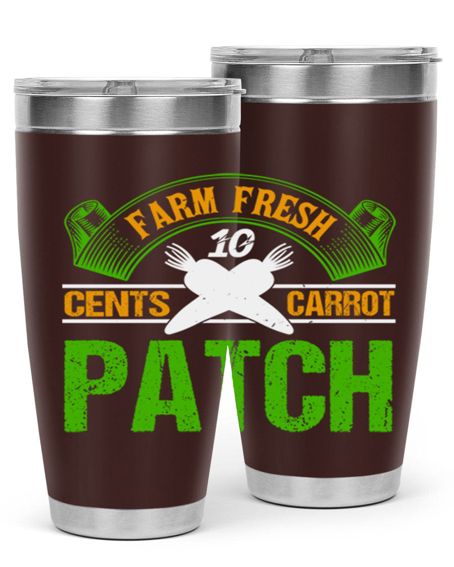 Farm Fresh cents carrot patch tumbler in vibrant design, showcasing double wall vacuum stainless steel construction.