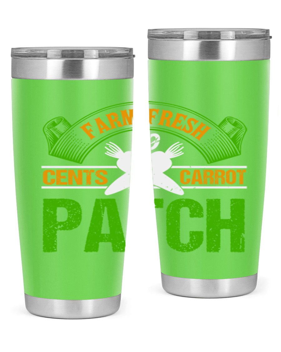 Farm Fresh cents carrot patch tumbler in vibrant design, showcasing double wall vacuum stainless steel construction.
