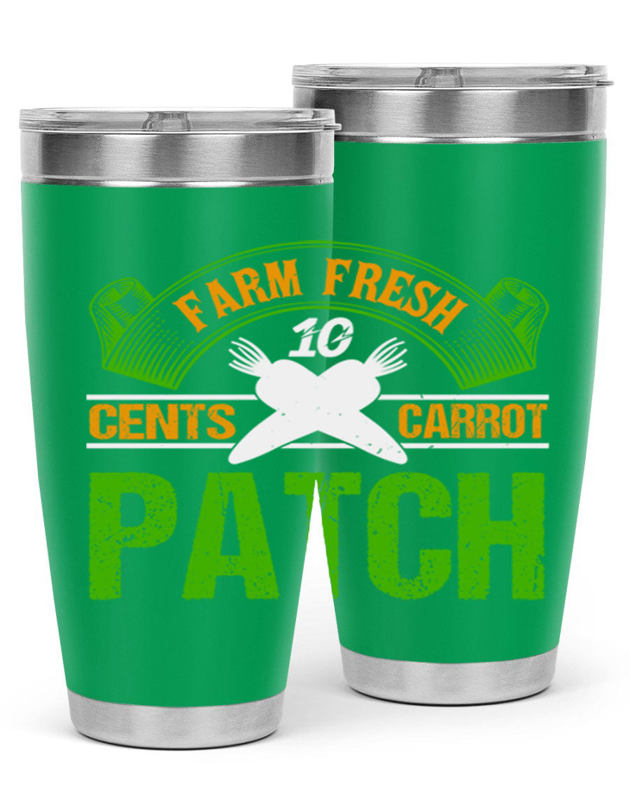 Farm Fresh cents carrot patch tumbler in vibrant design, showcasing double wall vacuum stainless steel construction.