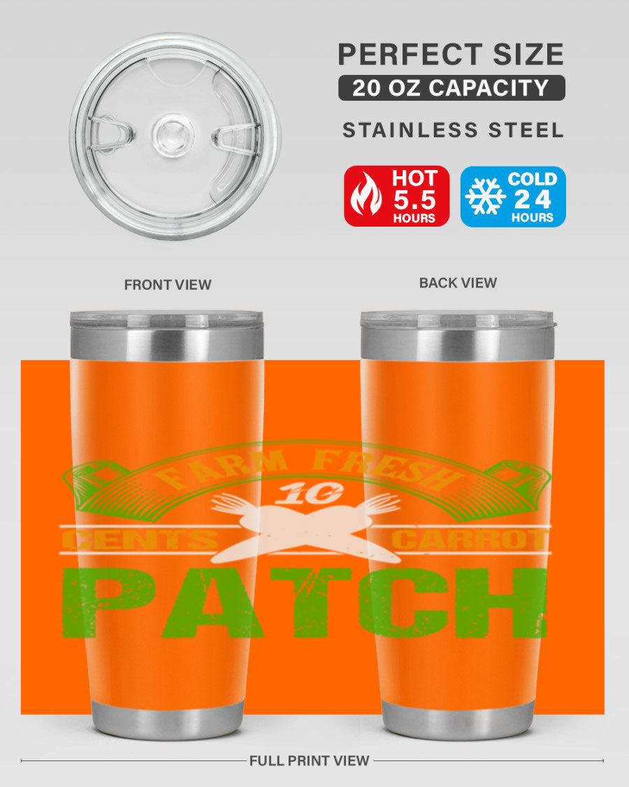 Farm Fresh cents carrot patch tumbler in vibrant design, showcasing double wall vacuum stainless steel construction.