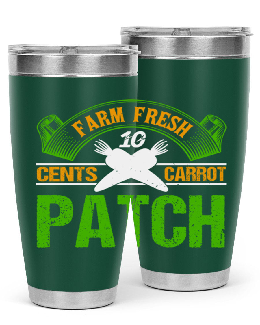 Farm Fresh cents carrot patch tumbler in vibrant design, showcasing double wall vacuum stainless steel construction.