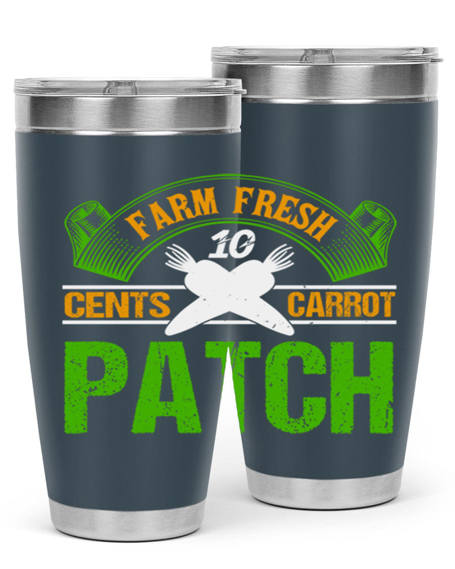 Farm Fresh cents carrot patch tumbler in vibrant design, showcasing double wall vacuum stainless steel construction.