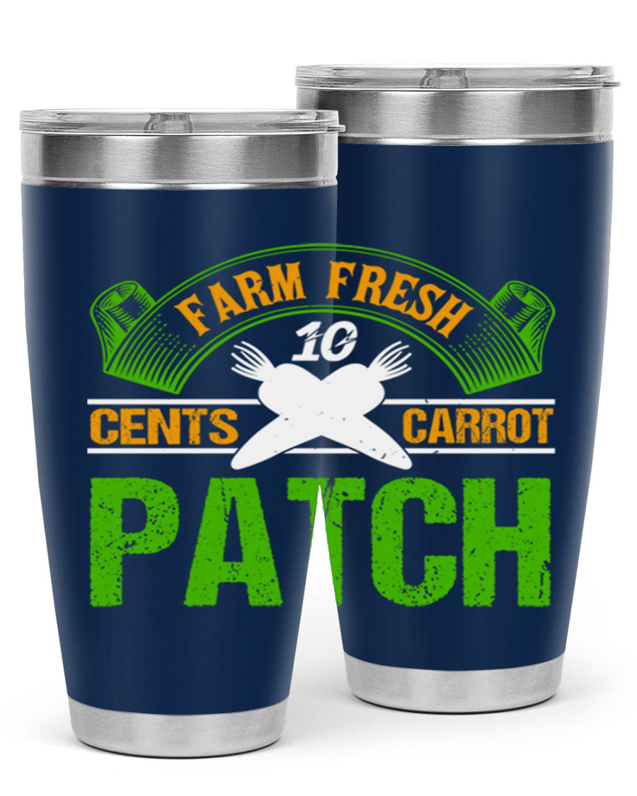 Farm Fresh cents carrot patch tumbler in vibrant design, showcasing double wall vacuum stainless steel construction.