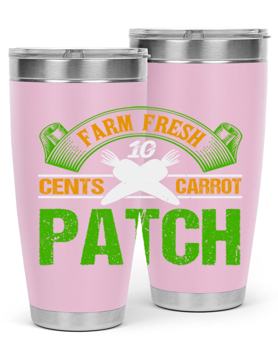Farm Fresh cents carrot patch tumbler in vibrant design, showcasing double wall vacuum stainless steel construction.