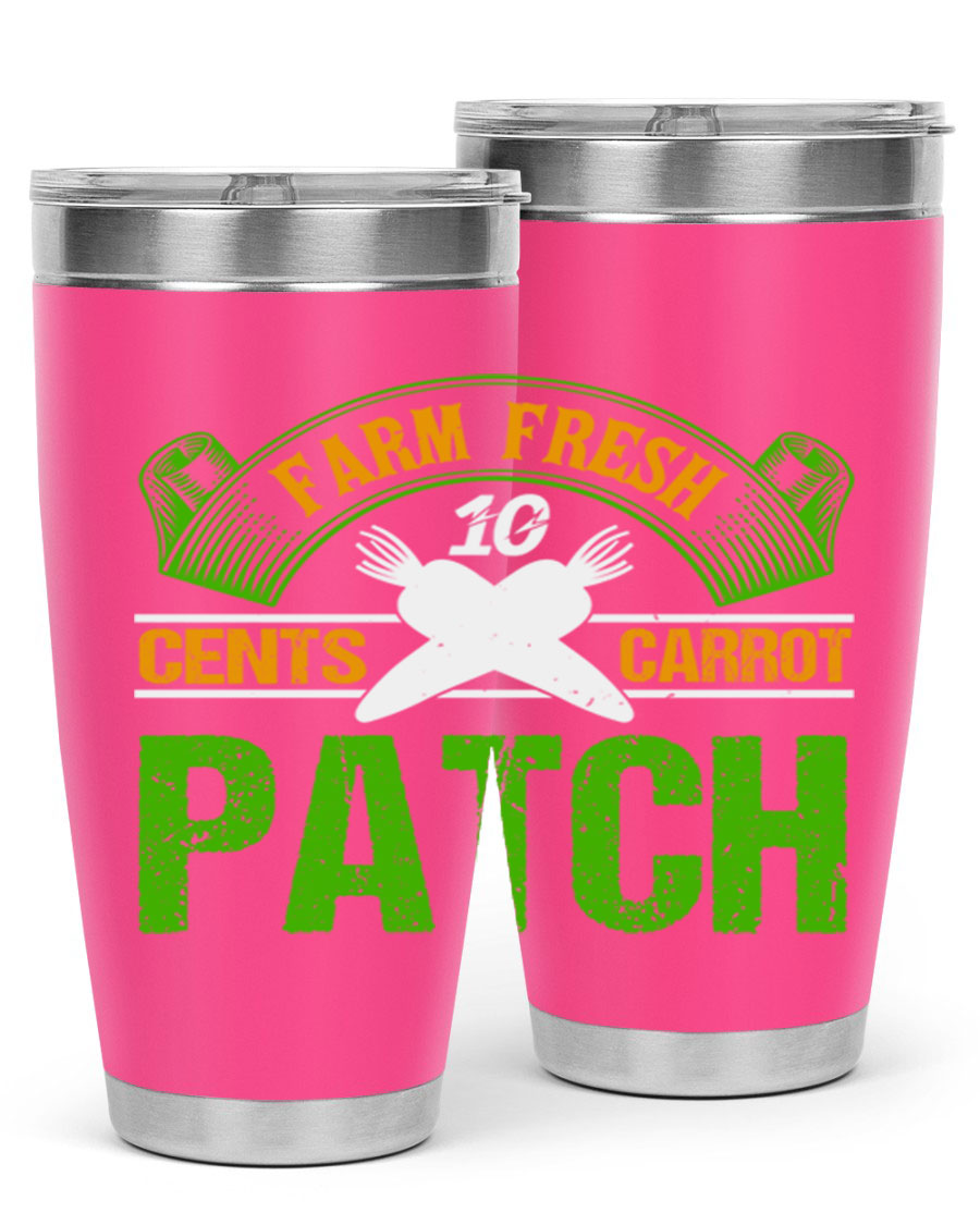Farm Fresh cents carrot patch tumbler in vibrant design, showcasing double wall vacuum stainless steel construction.