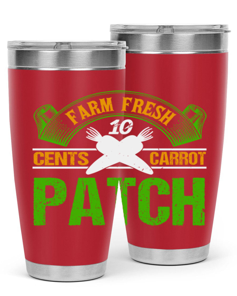 Farm Fresh cents carrot patch tumbler in vibrant design, showcasing double wall vacuum stainless steel construction.