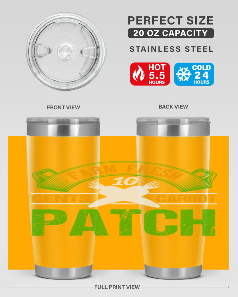 Farm Fresh cents carrot patch tumbler in vibrant design, showcasing double wall vacuum stainless steel construction.