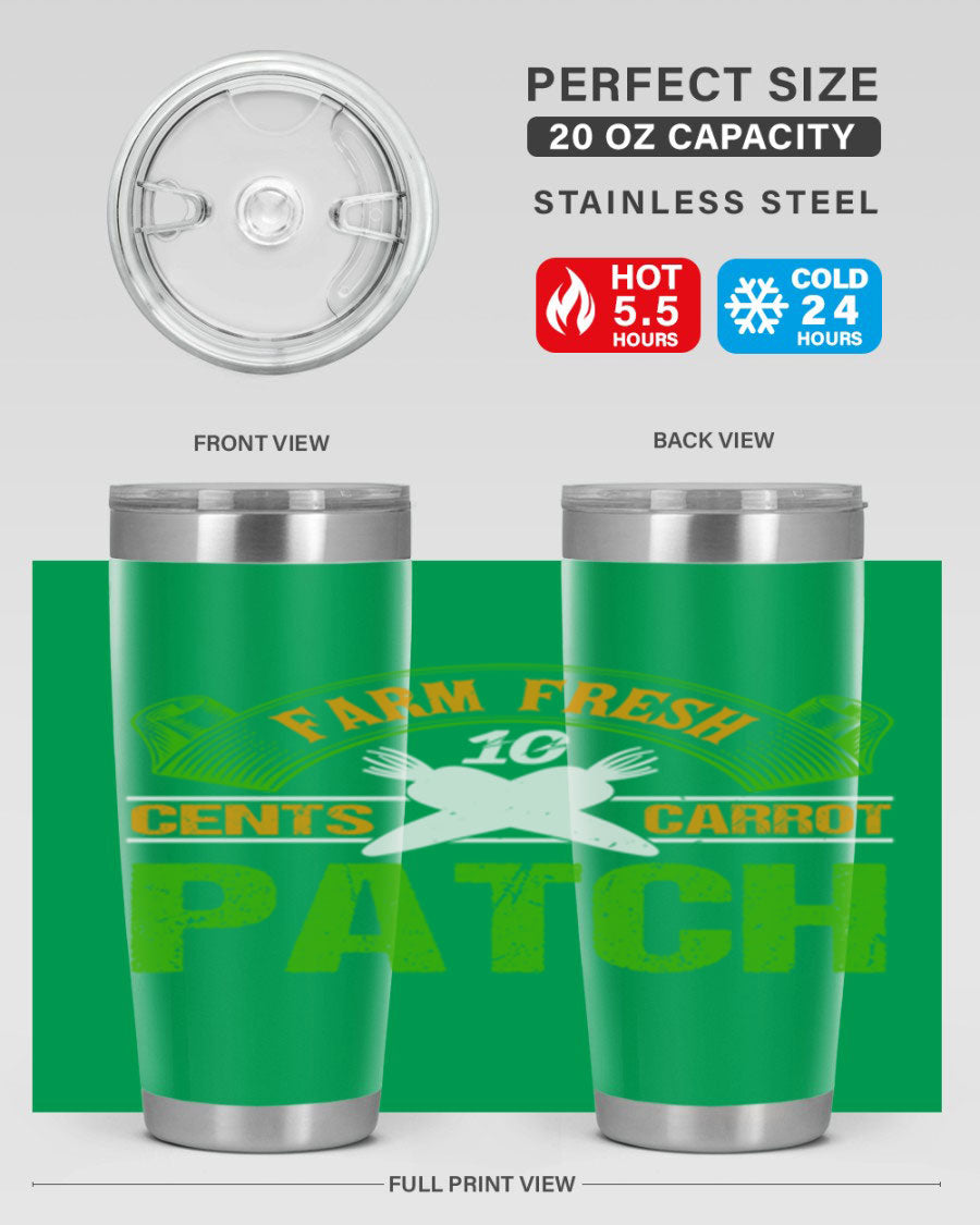 Farm Fresh cents carrot patch tumbler in vibrant design, showcasing double wall vacuum stainless steel construction.