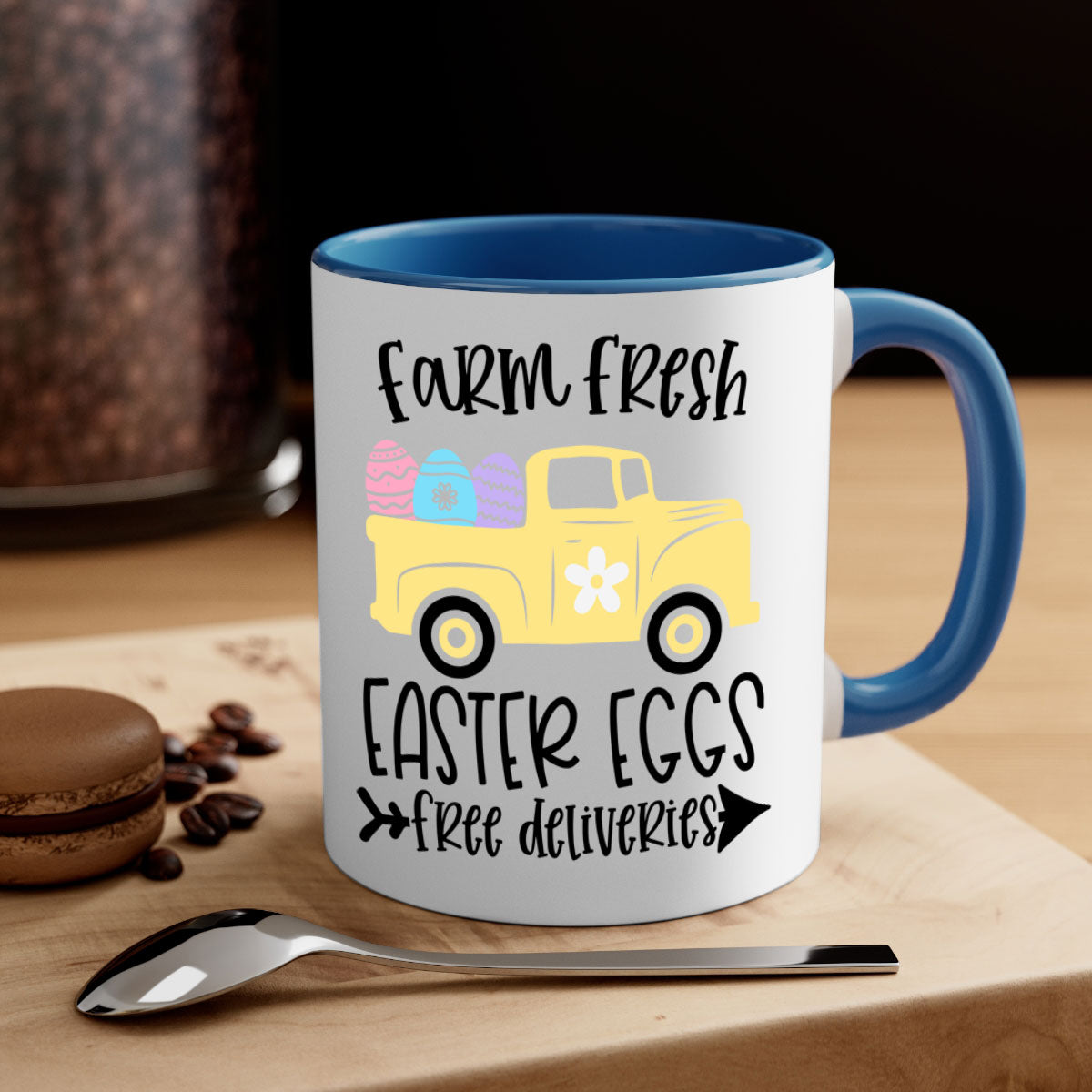 Farm Fresh Easter Eggs Mug with colorful handle and glossy finish, perfect for coffee or tea.
