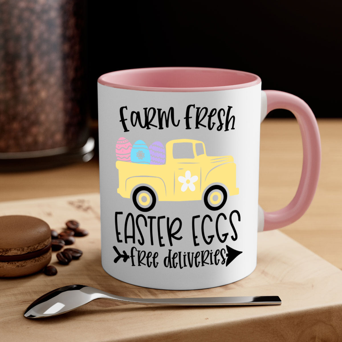 Farm Fresh Easter Eggs Mug with colorful handle and glossy finish, perfect for coffee or tea.