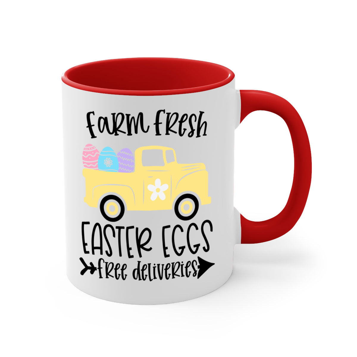Farm Fresh Easter Eggs Mug with colorful handle and glossy finish, perfect for coffee or tea.