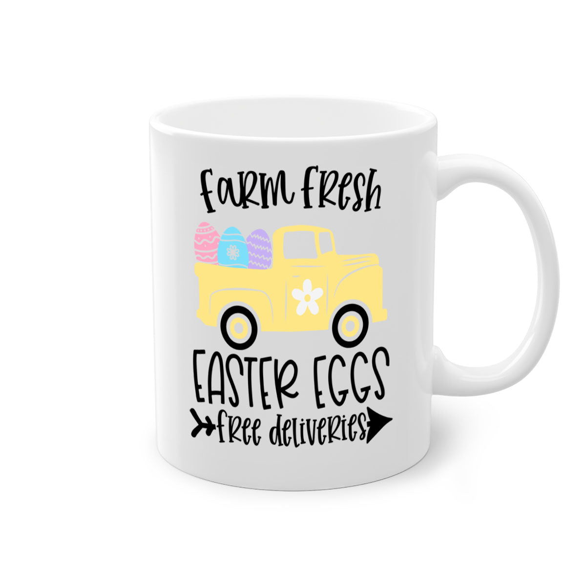 Farm Fresh Easter Eggs Mug with colorful handle and glossy finish, perfect for coffee or tea.