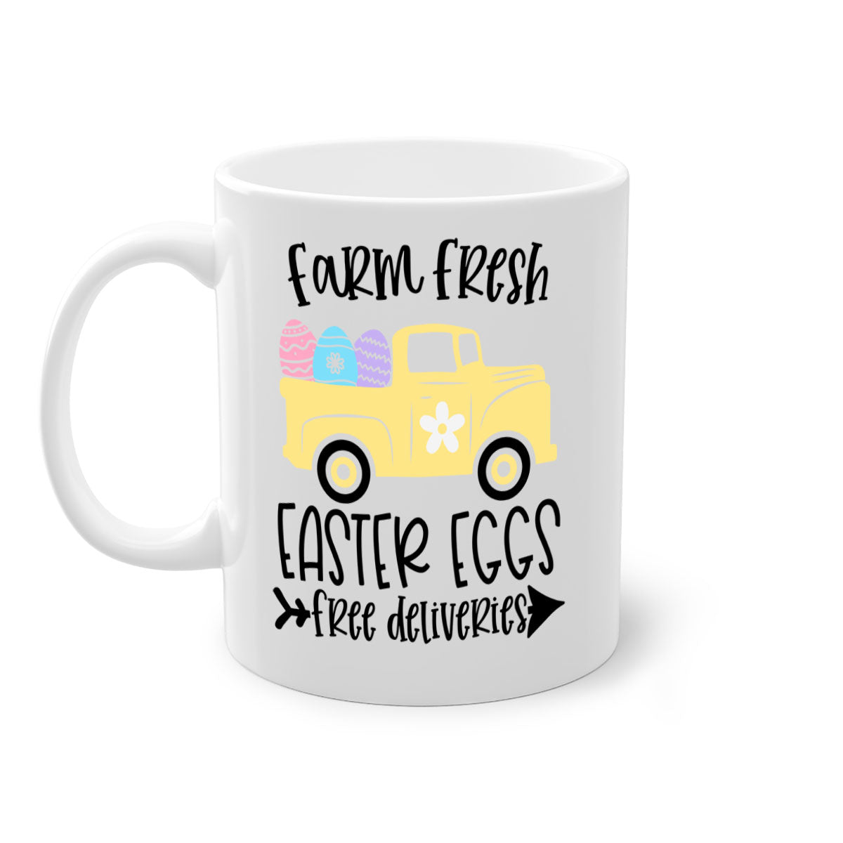 Farm Fresh Easter Eggs Mug with colorful handle and glossy finish, perfect for coffee or tea.