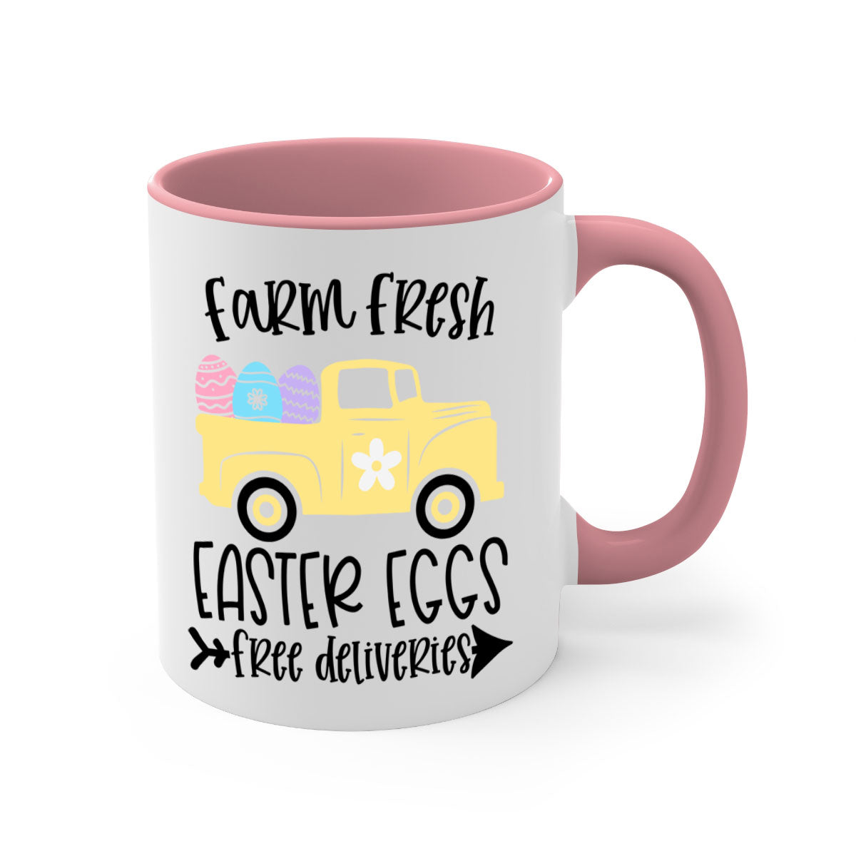 Farm Fresh Easter Eggs Mug with colorful handle and glossy finish, perfect for coffee or tea.
